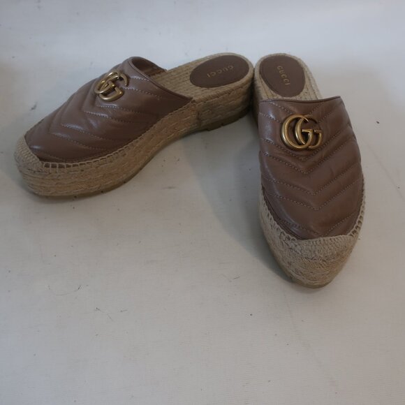 Authentic Gucci Marmont Taupe Leather GG Espadrille Flat Platform Mule 39 US/8.5 - Picture 2 of 14
